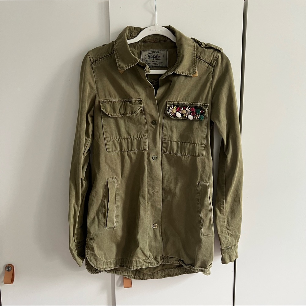 Zara Military Green Jewel Embellished Button Down Long Sleeve Shirt Size Medium